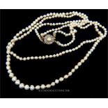 A double strand of graduated, natural pearls with pearl and rose-cut diamond clasp