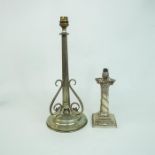 A sterling silver Corinthian column candlestick and a lamp