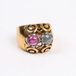 A 18 ct yellow gold, French, Art Deco, natural ruby and sapphire ring