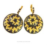 A pair of large, 18 ct yellow gold, black and yellow diamond, drop earrings