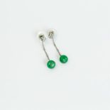 Pair of Art Deco-style, 18 ct white gold, diamond and emerald bead, drop earrings