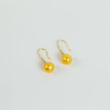 A boxed pair of 14 ct yellow gold and orange, Akoya pearl, drop earrings