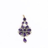 A large, French, antique, gold and silver, amethyst and pearl, drop pendant