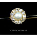 An 18 ct, Victorian, natural pearl and rose cut diamond cluster, bar brooch