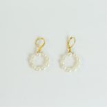 A boxed pair of 14 ct yellow gold and circular, pearl-hoop, drop earrings