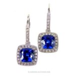 A pair of 14 ct white gold, blue and white sapphire, drop earrings