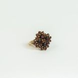 A vintage, 9 ct yellow gold, large, garnet cluster ring