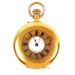 An 18 ct gold, late 19th century, half hunter pocket watch with blue enamel detailing