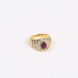 A 18 ct yellow gold, vintage, French, natural ruby and baguette diamond ring