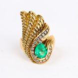 A large, 18 ct yellow gold, French, 1940's, emerald and diamond, dress ring