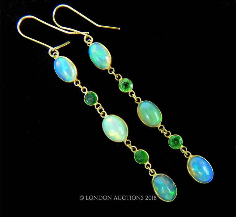 A pair of 14 ct yellow gold, opal and green garnet, drop earrings