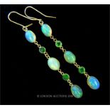 A pair of 14 ct yellow gold, opal and green garnet, drop earrings