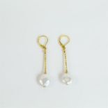 A boxed pair of 14 ct yellow gold and white button pearl drop earrings