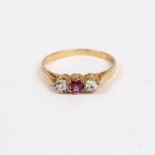 An antique, 9 ct yellow gold, diamond and ruby ring