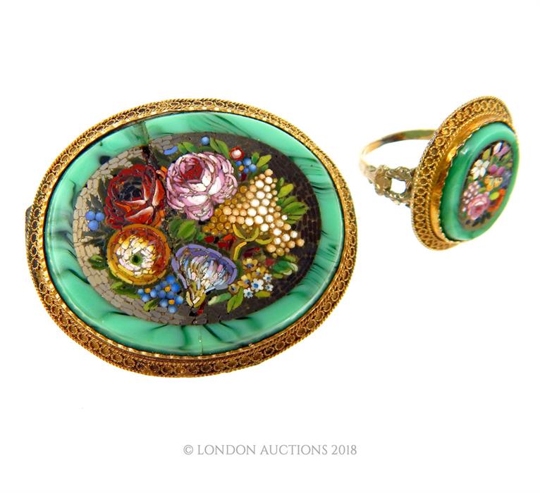 A 19th century, yellow metal, oval, green-glass and micro-mosaic, brooch - Image 2 of 3