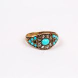 An antique, 9 ct yellow gold, turquoise and rose-cut diamond ring