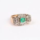A French, Art Deco, platinum and 18 ct rose gold, diamond and emerald ring