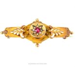 A yellow and rose gold, Victorian, ruby and seed pearl brooch