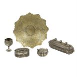 A collection of five Asian silver, white metal and brass items