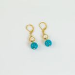 A boxed pair of 14 ct yellow gold, Akoya pearl and turquoise drop earrings