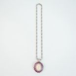 A large, 18 ct white gold, diamond, ruby and pink, opal pendant necklace