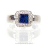 An 18 ct white gold, sapphire and diamond, square-shaped, cluster ring