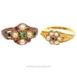 Two, antique, Georgian, gold, gem-set, flower-head cluster rings