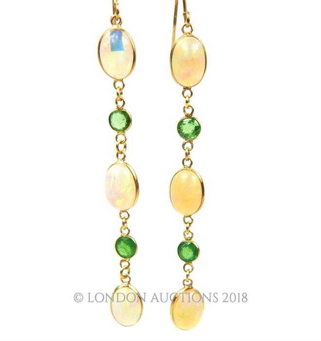 A pair of 14 ct yellow gold, opal and green garnet, drop earrings - Image 2 of 2