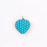 A large, antique, French, yellow gold and turquoise-studded heart pendant