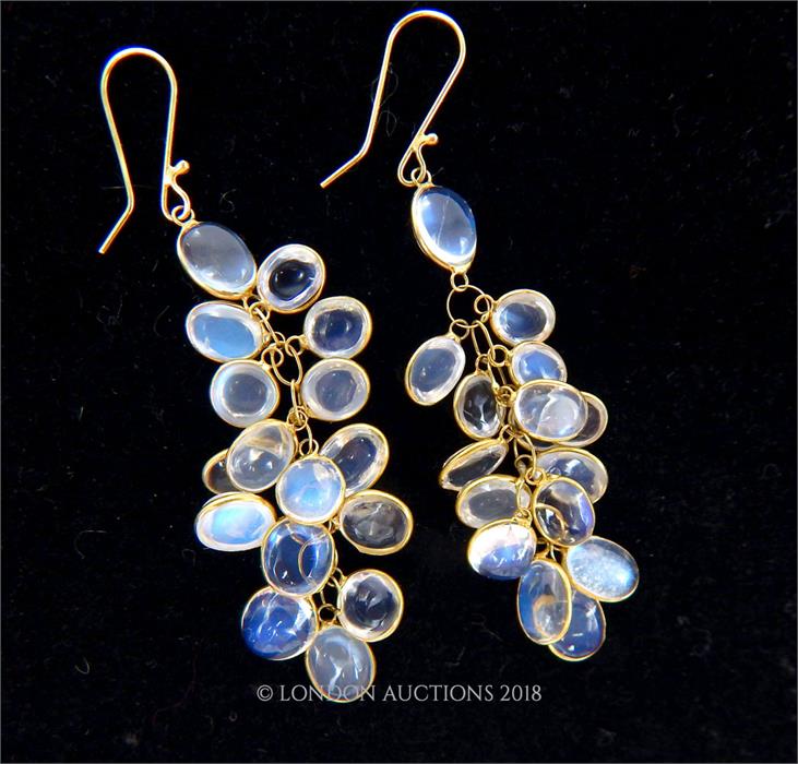 A pair of 14 ct yellow gold, moonstone, grape-cluster drop earrings