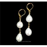 A boxed pair of 14 ct yellow gold and two, baroque pearl, drop earrings
