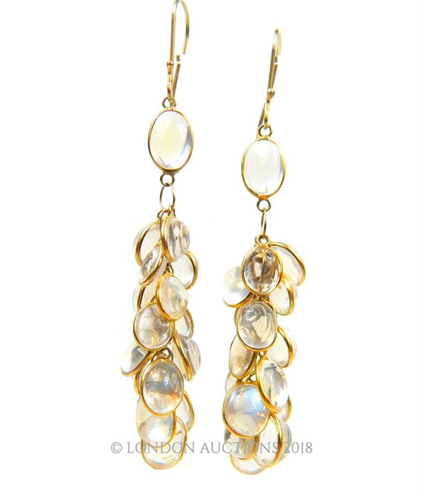 A pair of 14 ct yellow gold, moonstone, grape-cluster drop earrings - Image 2 of 2