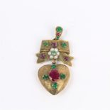 A large, antique, French, 9 ct yellow gold, ruby, emerald and pearl studded pendant