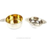 A sterling silver quaiche, and a porringer