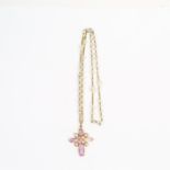 An 18 ct yellow gold, French, natural pearl chain necklace with pink topaz cross