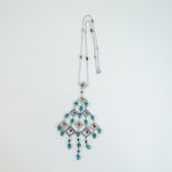 A 14 ct white gold, diamond, aquamarine and sapphire, chandelier necklace