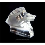 A Lalique, frosted and clear glass lion paperweight