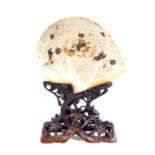 Chinese fan-shape mother of pearl shell decorated with Oriental birds and turtles, 21cm wide on a