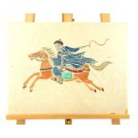 A Chinese block print on paper, on board of a rider on horseback