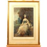 A mezzotint of a seated lady and her dog