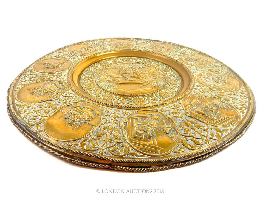 A fine, late 19th century, Siamese, repousse-work, circular, brass tray - Image 4 of 4