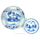 Two, hand-painted, Chinese, blue and white plates