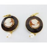A pair of silver gilt, circular cameo and pearl earrings