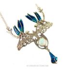 A stunning, silver Art Nouveau-style necklace set with blue enamel and opalites