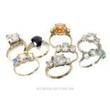 A collection of eight, silver (935), gem-set rings