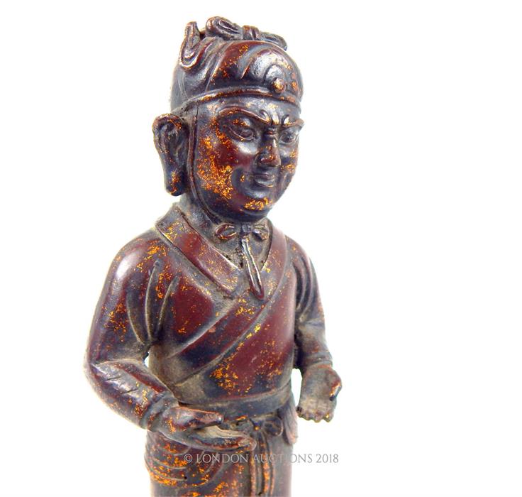 A Chinese, bronzed figure of a standing gentleman, traces of gilding - Image 2 of 3
