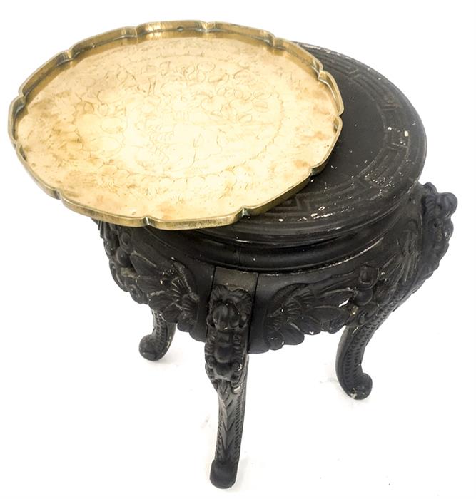 An oriental, ebonised, occasional table with an engraved brass tray top - Image 3 of 3