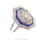An 18 ct white gold, Art Deco-style, diamond and sapphire panel ring