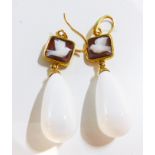 A pair of silver gilt, white agate and cameo earrings
