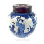 A large, Chinese, hand-painted blue and white ginger jar